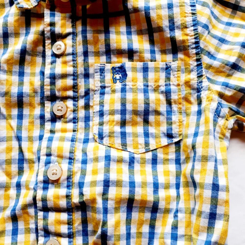 Oshkosh Boys Shirt Button Down Bodysuit Yellow Blue Plaid Long Sleeve 18 Months